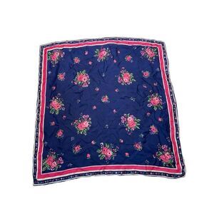 Navy Floral Square Scarf Vintage Style Pink Rose Print Wrap 31in Fairy Cottage